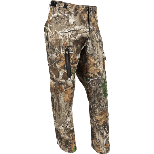 A pair of Pursuit Tech Stretch Pants with Agion Active XL®, featuring durable 4-way stretch polyester bonded fleece fabric. Zippered hip vents and pockets provide convenience and temperature regulation. Ideal for early-mid season big game hunting.