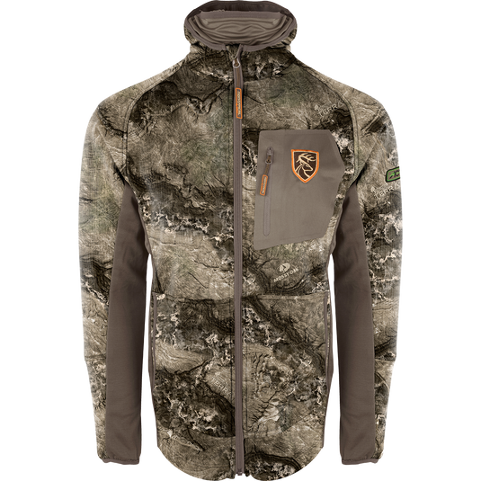 A lightweight camo jacket with a zippered chest pocket and built-in facemask. Perfect for hot days and cool nights. From Drake Waterfowl.