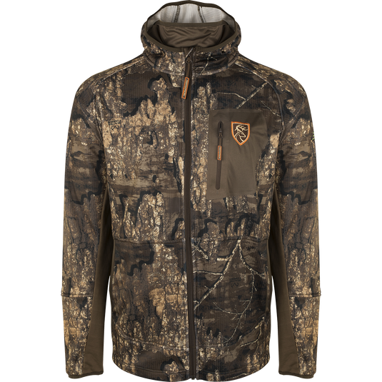 A lightweight performance jacket with camo pattern and a full zip. Perfect for warm days and cool nights. Features Agion Active XL® scent control technology.