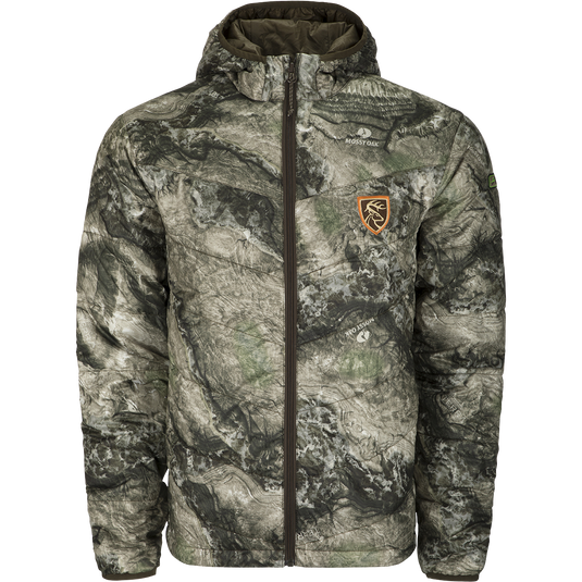 A lightweight Pursuit Synthetic Down Jacket with Agion Active XL®, featuring a logo, slash pockets, and a hood. Ideal for cold hunts or chilly nights.