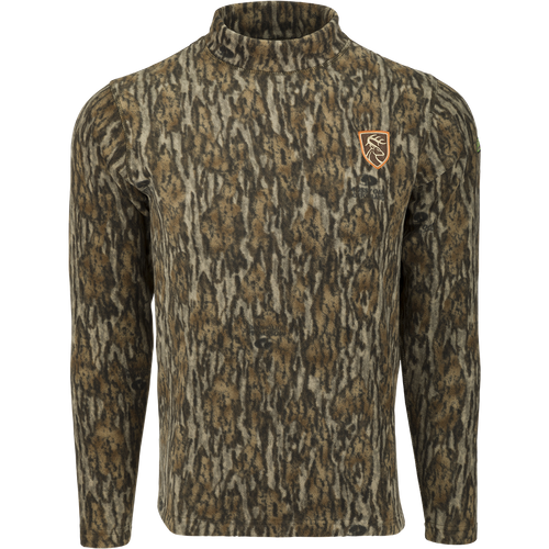 Storm Front Fleece Midweight 4-Way Stretch Mock Neck Pullover with a logo and camouflage pattern, made of 200 gram 4-Way Stretch Fleece. Perfect for big game hunters.