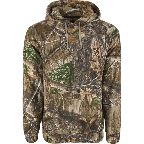 A Storm Front Fleece Midweight 4-Way Stretch Hoodie with Agion Active XL - Realtree. A camouflage hoodie with a logo on it, perfect for cool days.