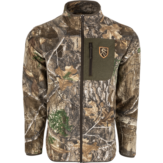 Storm Front Fleece Midweight 4-Way Stretch Full Zip: A camouflage jacket with a zipper, fleece insulation, and scent control technology. Ideal for big game hunters.