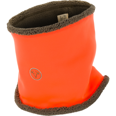 High-visibility orange Non-Typical Silencer Sherpa Fleece Neck Gaiter with embroidered antler logo, soft shell, and sherpa fleece lining for warmth and scent control.