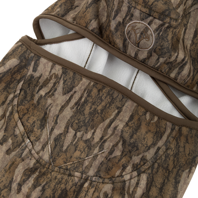 Non-Typical Balaclava with Scent Control featuring tree bark camo, white fleece lining, and embroidered antler logo, designed for comfort and scent control in hunting.
