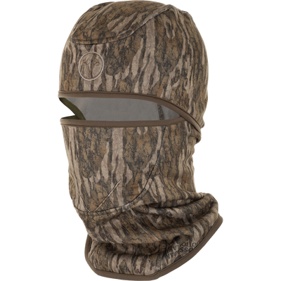 Non-Typical Balaclava with Scent Control features a camo pattern, integrated cap, eye cut-out, and antler logo, designed for comfort and concealment outdoors.