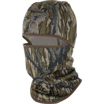 Non-Typical Balaclava with Scent Control featuring a tiger-stripe pattern, logo on forehead, full coverage, high-stretch fabric, and scent control technology for hunting.