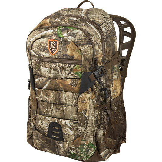 A Non-Typical Day Pack with a camouflage design, large storage compartments, and customized pockets for hunters. Comfortable padded shoulder straps, adjustable chest and waist straps. Perfect for packing in all your gear.