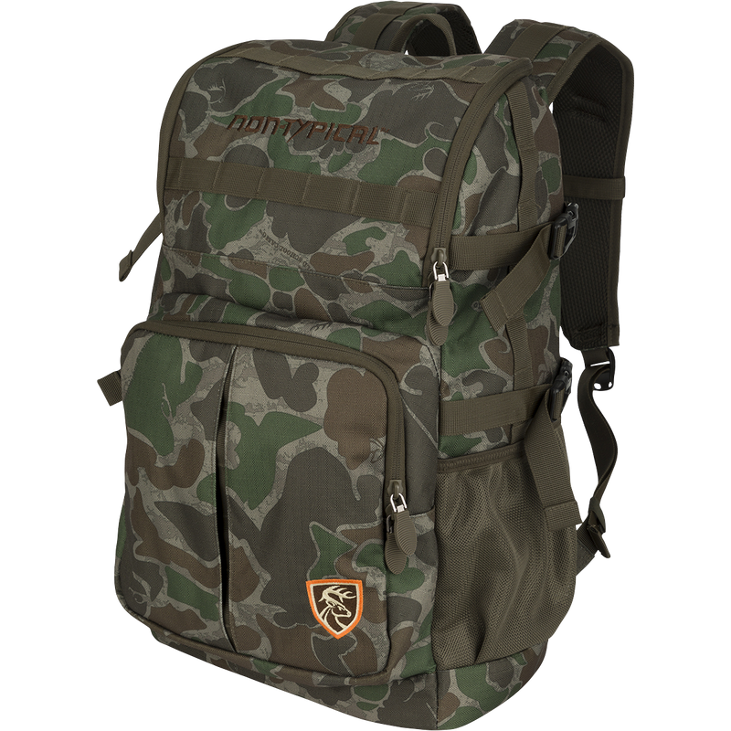 A Non-Typical Rucksack, perfect for hunting, with versatile pockets, MOLLE loops, adjustable straps, and foam padding. 12