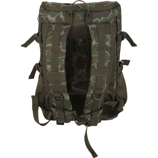 Non-Typical Rucksack: Camouflage backpack with versatile pockets, MOLLE loops, adjustable straps, and foam padding for hunting necessities.
