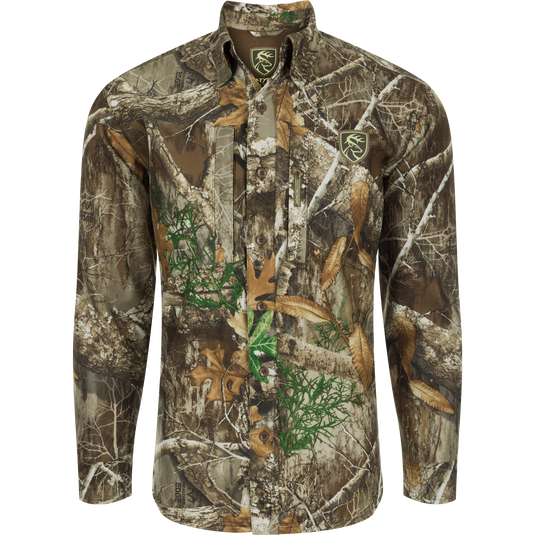 MST Microfleece Softshell Shirt - Realtree: A long-sleeved shirt with a camouflage pattern, featuring scent control technology, gusseted underarm, and convenient pockets.