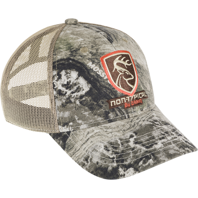 A close-up of the Non-Typical Logo Mesh-Back Cap with a logo patch on the front and a rear hook and loop closure. Made with 100% cotton twill and breathable mesh on the back. Perfect for hunting and outdoor activities.