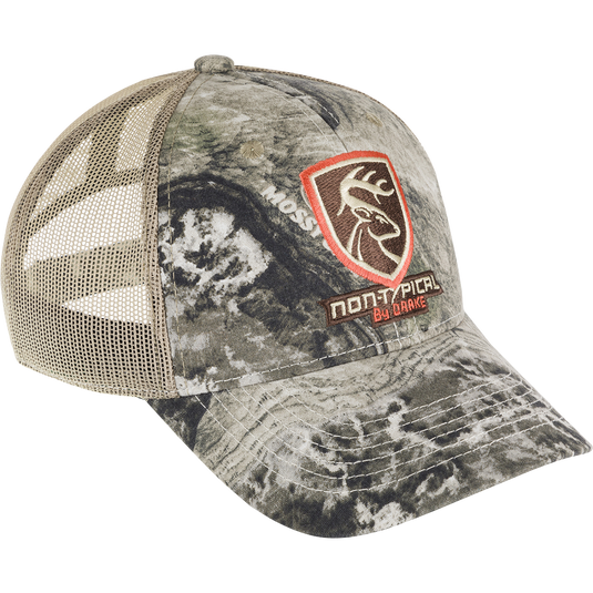 A close-up of the Non-Typical Logo Mesh-Back Cap with a logo patch on the front and a rear hook and loop closure. Made with 100% cotton twill and breathable mesh on the back. Perfect for hunting and outdoor activities.