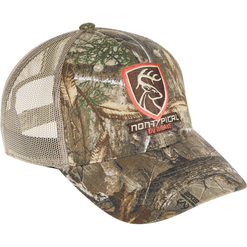 A cotton twill cap with a logo on the front and breathable mesh on the back. Features a rear hook and loop closure.