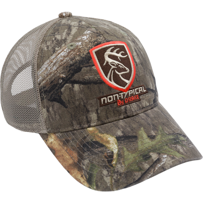 Non-Typical Logo Camo Mesh Back Cap featuring a breathable mesh back, structured cotton twill front panels, and adjustable rear hook and loop closure.