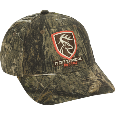 Non-Typical Logo Camo Cotton Cap with a deer logo patch, six-panel construction, and adjustable hook & loop closure, ideal for hunting. Made from 100% cotton.