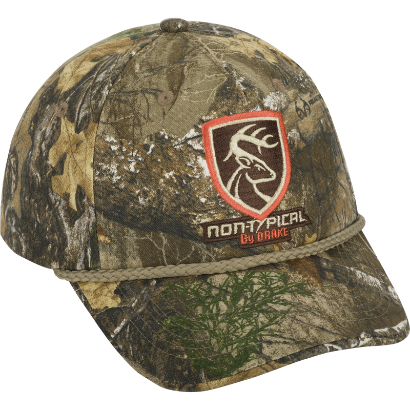 Non-Typical 5-Panel Cap with logo on camouflage fabric. Adjustable hook & loop closure. Made of 100% cotton twill.