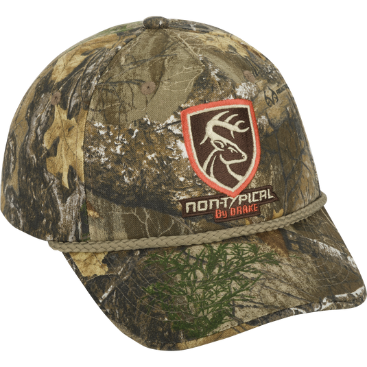 Non-Typical 5-Panel Cap with logo on camouflage fabric. Adjustable hook & loop closure. Made of 100% cotton twill.