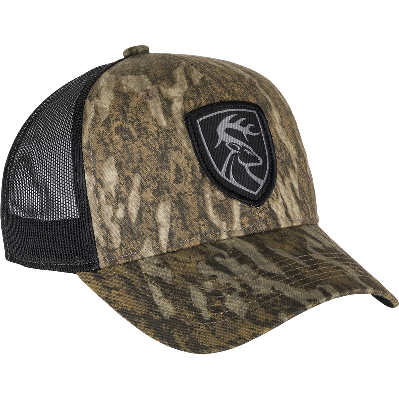 Mesh-Back Patch Logo Cap with black and brown patch and logo. Made with 100% cotton twill front panels and breathable mesh on the back. Adjustable with snap closure. Perfect for hunting and outdoor activities.
