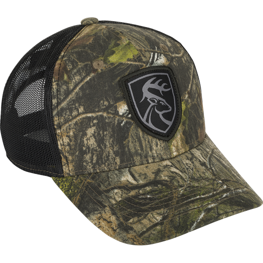 Mesh-Back Patch Logo Cap with black and green patch. 100% cotton twill front panels and breathable mesh on the back. Adjustable snap closure. Non-Typical logo on the front.