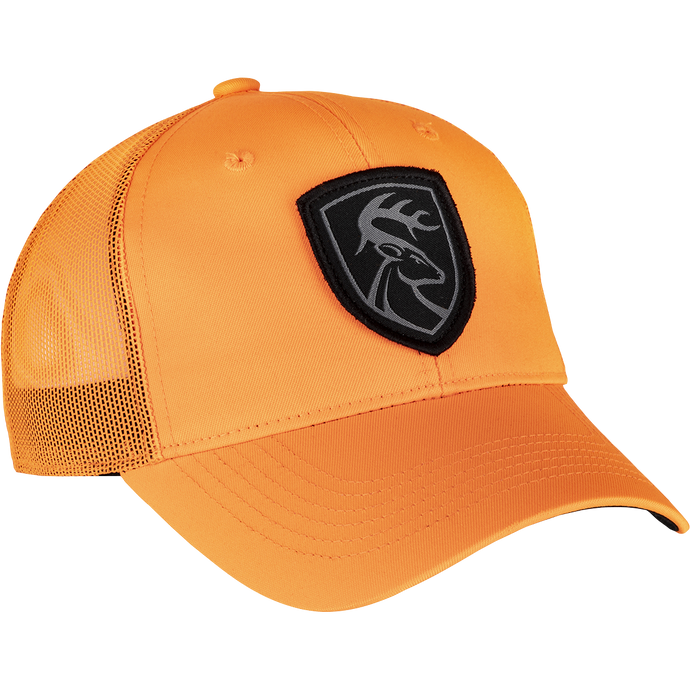 Mesh-Back Patch Logo Cap with Non-Typical logo on front. 100% cotton twill panels and breathable mesh. Adjustable snap closure.