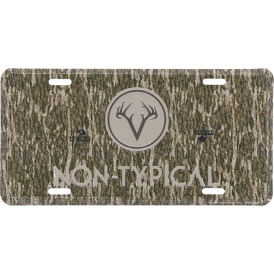 Non-Typical License Plate with antler V logo on woodland-camouflage background, featuring Proudly Made in the U.S.A. by HANGTIME®, cast in durable aluminum.