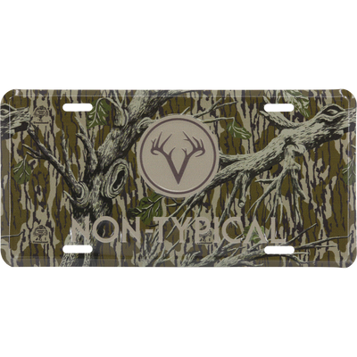 Non-Typical License Plate featuring tree-bark camouflage, deer-antlers logo, Mossy Oak trademark, and LONEXCAMO text, ideal for showcasing hunting passion.