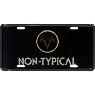 Non-Typical License Plate featuring silver NON-TYPICAL text and deer-antler logo, crafted from cast aluminum, reflecting Drake Waterfowl's hunting passion and style.