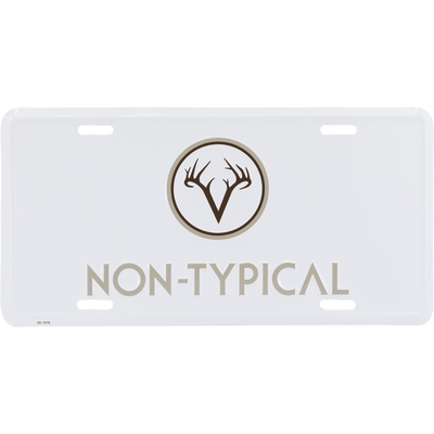 Non-Typical License Plate featuring a circular emblem with stylized deer antlers and NON-TYPICAL text, crafted from cast aluminum with standard mounting slots.