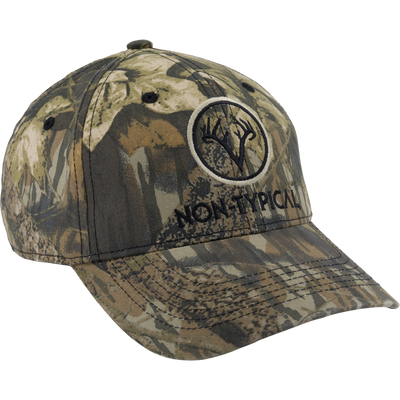 Non-Typical Logo Camo Cotton Cap with deer antler logo, curved bill, and adjustable hook & loop closure, ideal for hunting and outdoor activities.