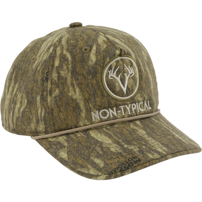Non-Typical Five-Panel Cap with embroidered antler logo and NON-TYPICAL text on front, featuring cotton twill fabric, curved brim, and adjustable hook & loop closure.