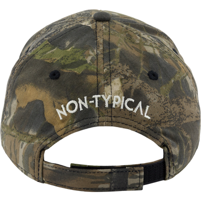 Non-Typical Five-Panel Cap with camouflage pattern, featuring stitched panels, embroidered NON-TYPICAL on the bill, and adjustable hook & loop closure for a secure fit.