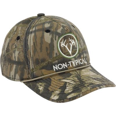 Non-Typical Five-Panel Cap featuring a camouflage pattern, embroidered antler logo, and NON-TYPICAL text. Made of cotton twill with adjustable hook & loop closure.