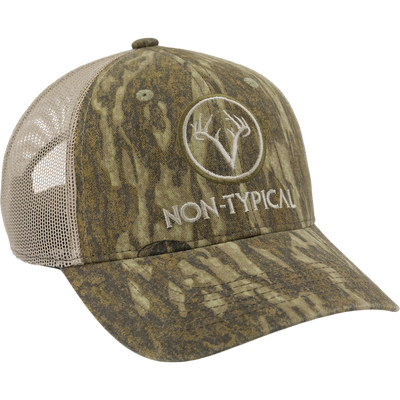 Non-Typical Mesh Back Cap featuring a camouflage pattern, tan mesh back, curved bill, and deer-antler logo, designed for breathability and comfort with adjustable hook and loop closure.