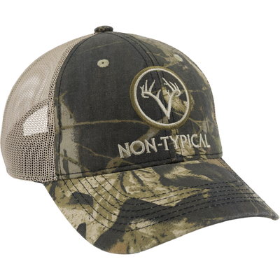 Non-Typical Mesh Back Cap with camo pattern, features deer antler logo, breathable mesh back, adjustable hook and loop closure, ideal for hunting and outdoor activities.