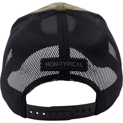 Non-Typical Mesh Back Patch Logo Cap features black mesh panels, adjustable snapback, and NON-TYPICAL patch, ideal for outdoor and hunting activities.
