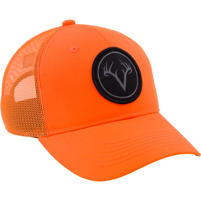 Non-Typical Mesh Back Patch Logo Cap with orange mesh and black antler logo patch, featuring structured front panels and adjustable snapback for outdoor comfort.