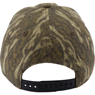 Non-Typical Big Game Technology Patch Camo Twill Cap features tiger stripe camouflage, six-panel design, fabric button, and adjustable snap-back closure.