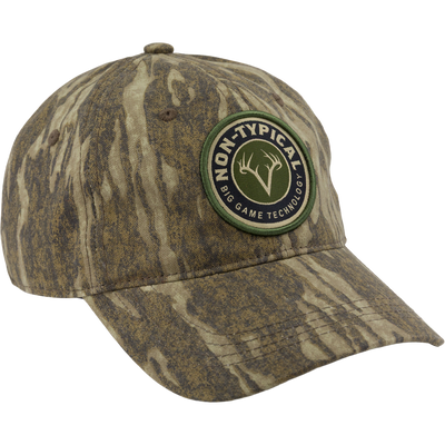 Non-Typical Big Game Technology Patch Camo Twill Cap with embroidered antlers, camo pattern, six-panel design, and snap closure, ideal for hunting concealment.