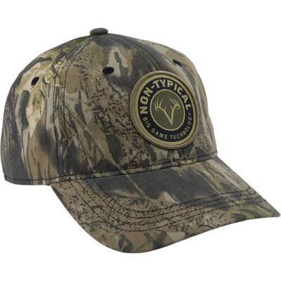 Non-Typical Big Game Technology Patch Camo Twill Cap with woodland camo pattern, circular patch, six-panel construction, and snap closure. Ideal for hunting concealment and comfort.