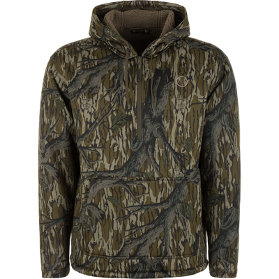 The Non-Typical Slacker Quarter Zip Hoodie by Nontypical in Mossy Oak Original Treestand features a front quarter zip, kangaroo pocket, and leafy branch design, shown on a plain white background.