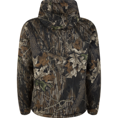 The Non-Typical Slacker Quarter Zip Hoodie by Nontypical is a polyester microfiber hoodie with a forest camouflage of brown and green leaves, branches, and bark, shown from the back on a plain background.