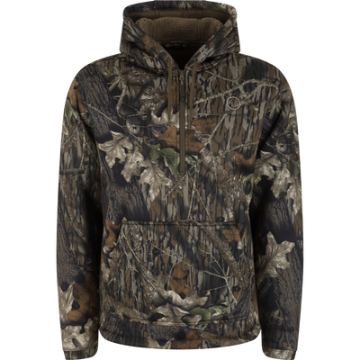 The Non-Typical Slacker Quarter Zip Hoodie by Nontypical features Mossy Oak Original Break Up camo, a front pocket, and is made of soft, durable polyester microfiber with an anti-pilling finish.