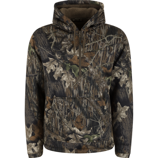 The Non-Typical Slacker Quarter Zip Hoodie by Nontypical features Mossy Oak Original Break Up camo, a front pocket, and is made of soft, durable polyester microfiber with an anti-pilling finish.