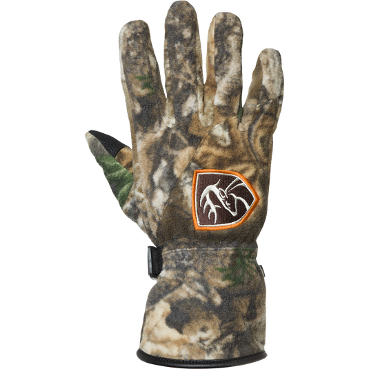 Non-Typical MST Windstopper Fleece Camo Shooter's Gloves with a logo patch, leather palm, and neoprene cuff for winter hunting.