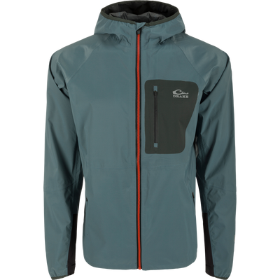 Ultra-Lite Backwaters Waterproof Stretch Jacket featuring a zipper and hood, designed for outdoor enthusiasts with waterproof, breathable fabric and reflective details.