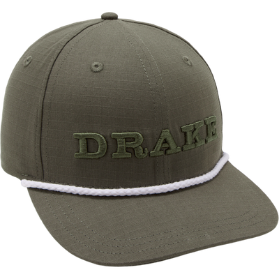 DPF Flatbill Ripstop Rope Cap with DRAKE embroidery and white rope accent, featuring a structured design and rounded flat brim in durable polyester and cotton twill.