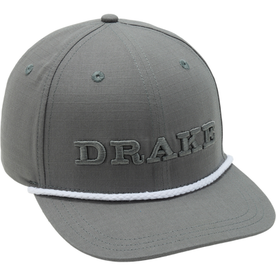 DPF Flatbill Ripstop Rope Cap with DRAKE embroidery, high crown, structured design, rounded flat bill, and decorative rope above brim, ideal for stylish sun protection.