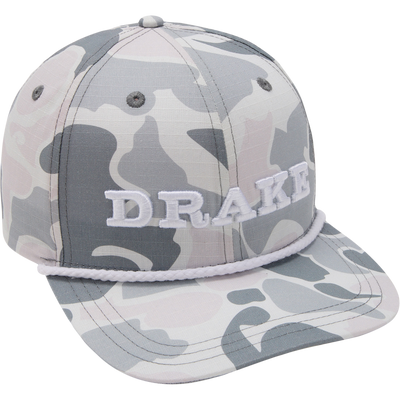 DPF Flatbill Ripstop Rope Cap with raised DRAKE embroidery, structured high crown, and decorative rope detail, featuring durable polyester-cotton blend and rounded flat brim.