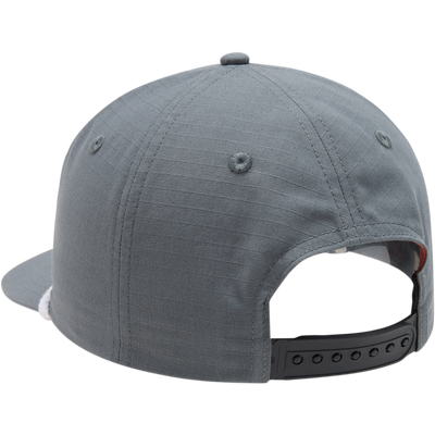 DPF Flatbill Ripstop Rope Cap shown from the back, featuring a high crown, structured design, and adjustable snap closure on a clear plastic head form.